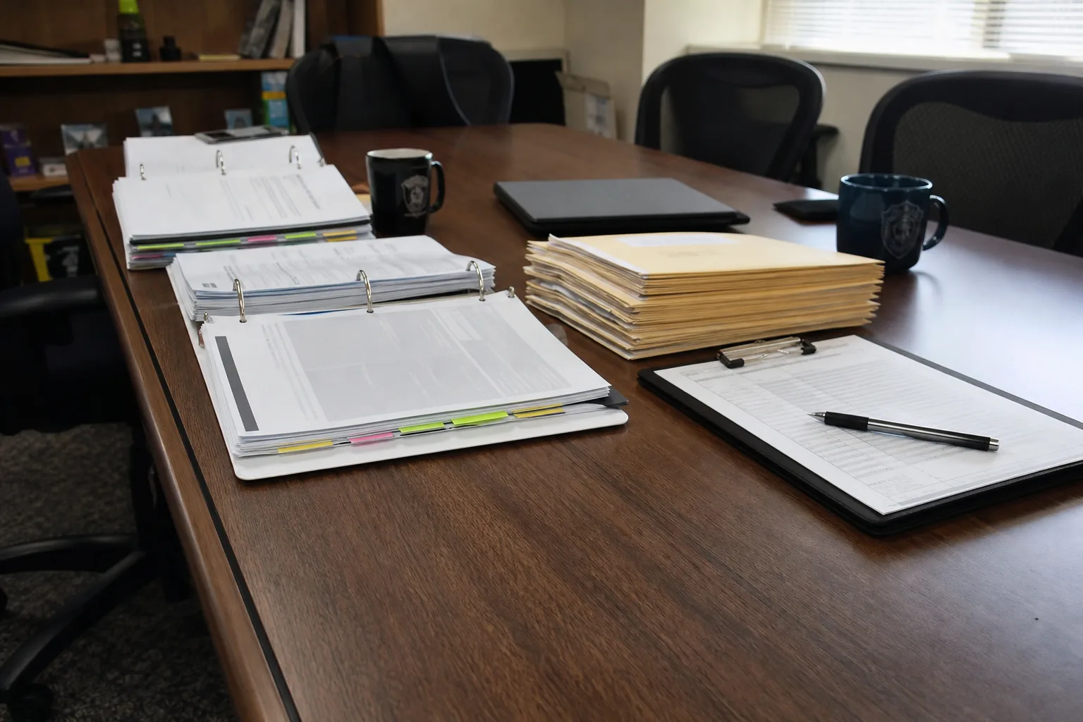 Conference table in a police station prepared for a CJIS audit, with open security policy binders, a stack of training record folders, a printed audit checklist on a clipboard and a closed laptop