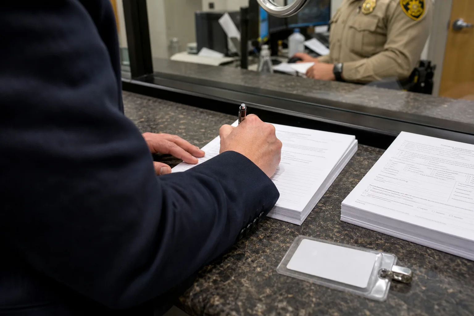 A vendor employee signing a security addendum certification page at an agency reception counter