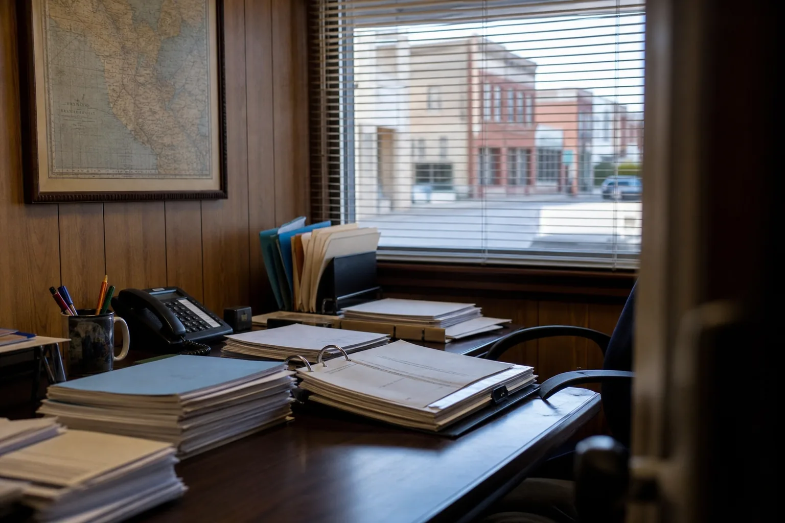 Small town police station office desk with audit documents, a stack of folders, a desk phone and a window onto a quiet street