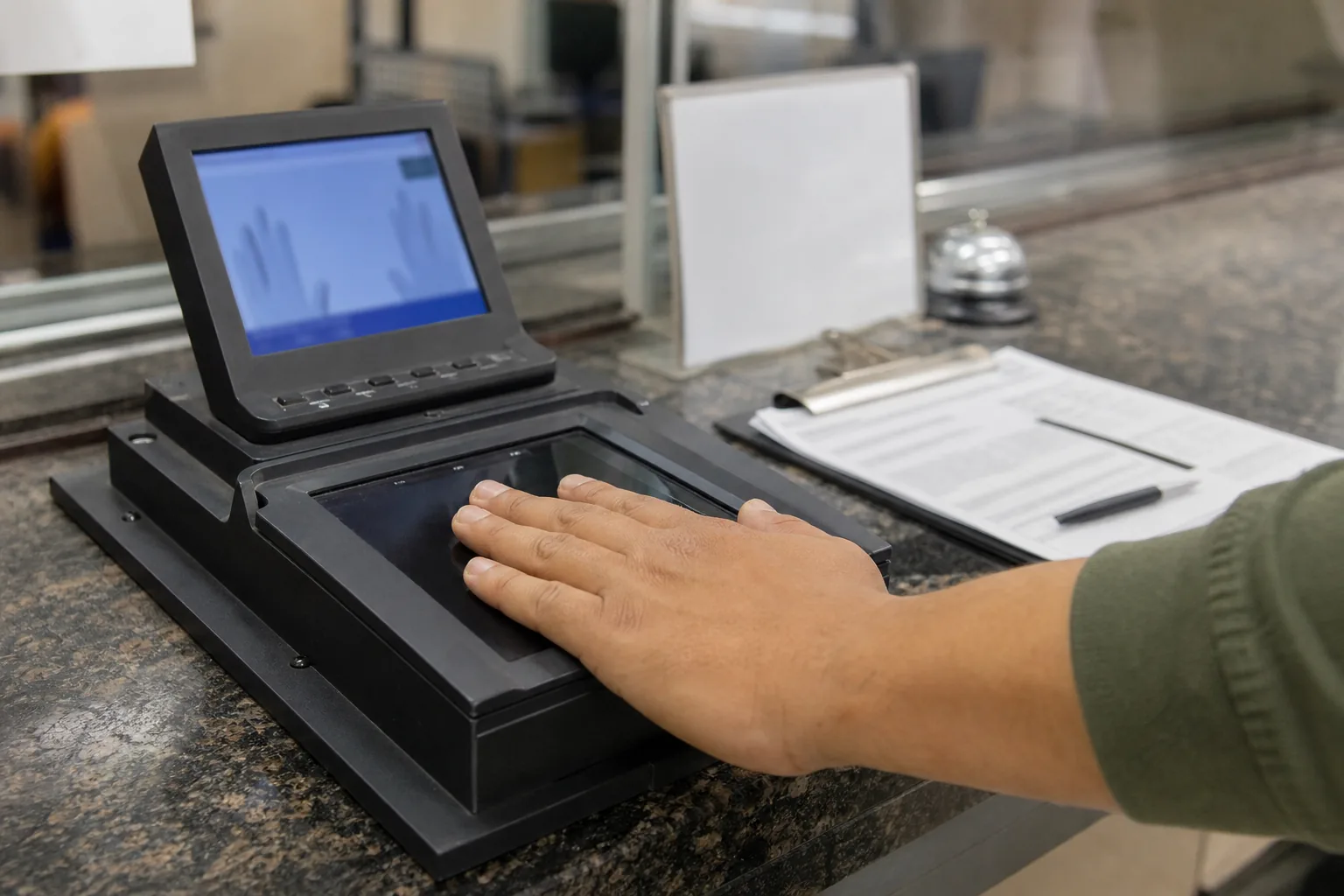 Live-scan fingerprint device on a police station counter with ink-free scanner glass, a background check form and a pen