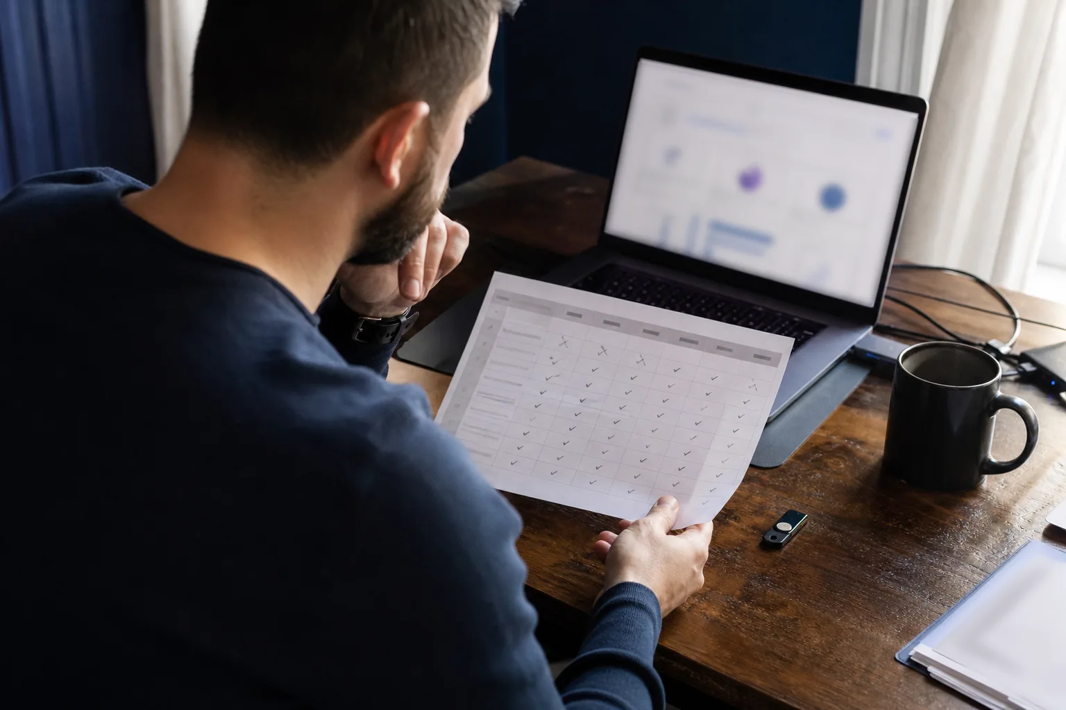 Security lead at a public safety software vendor reviewing a printed shortlist of compliance tools at a desk