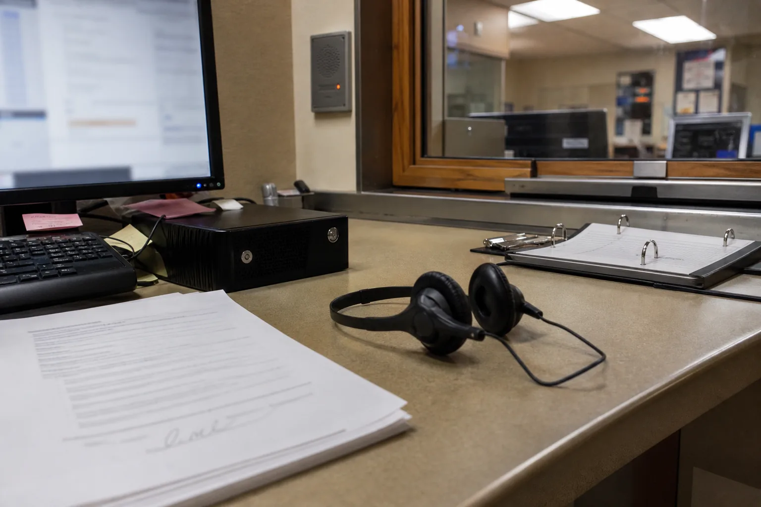 Front desk computer in a records office with a headset and a printed training completion sheet next to the keyboard