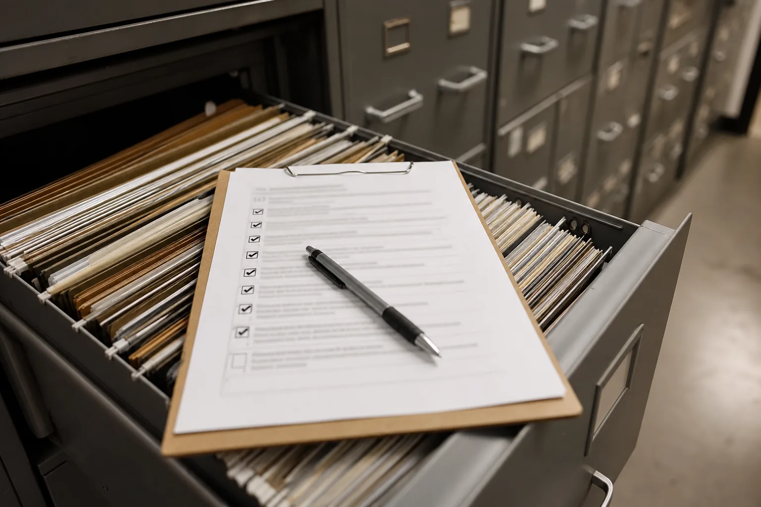 Printed compliance checklist on a clipboard resting on an open filing cabinet drawer in a sheriff's records room, with some items ticked