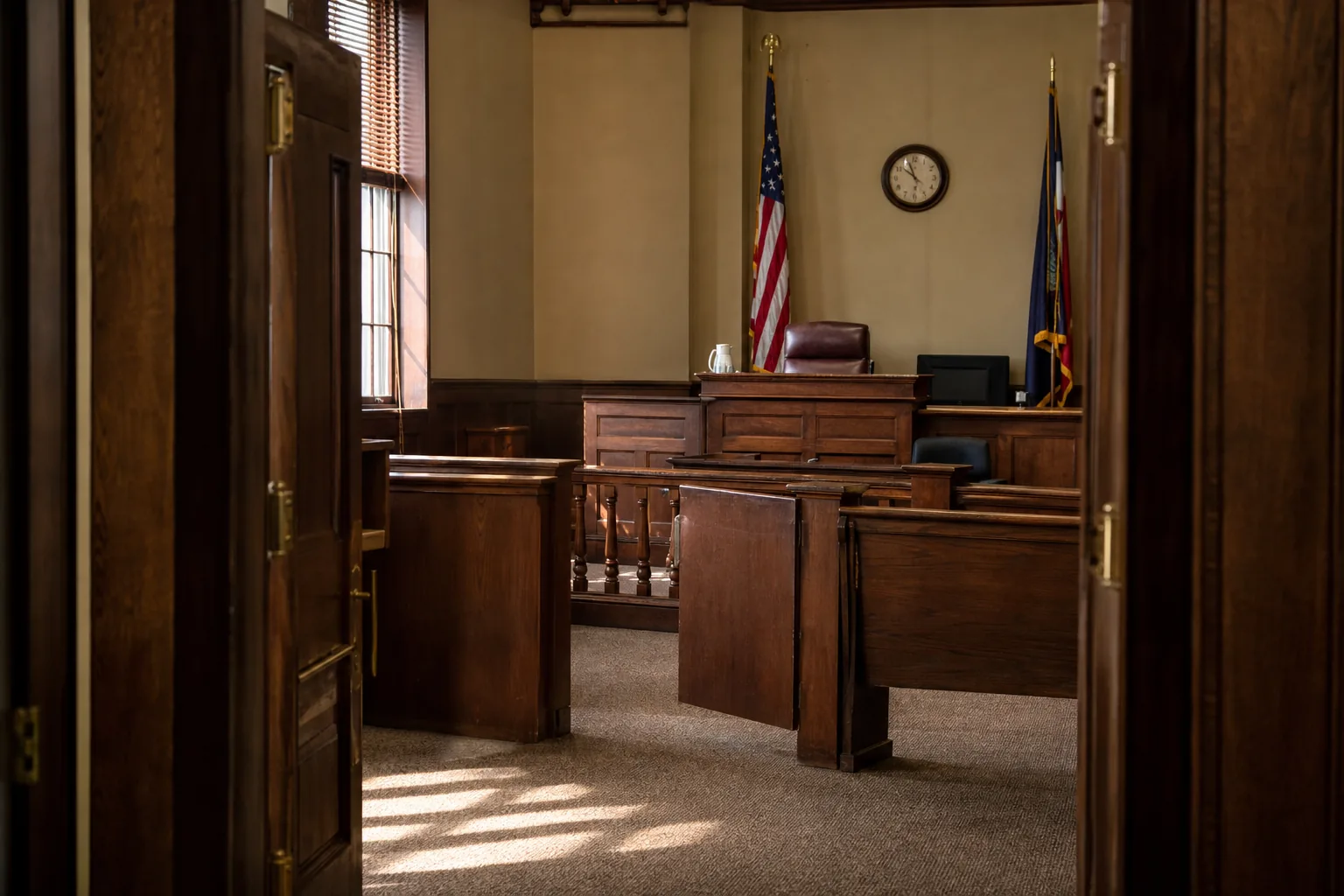Empty county courtroom seen through its open double doors, with the judge's bench, wooden rail, witness stand, flags and rows of benches in afternoon light