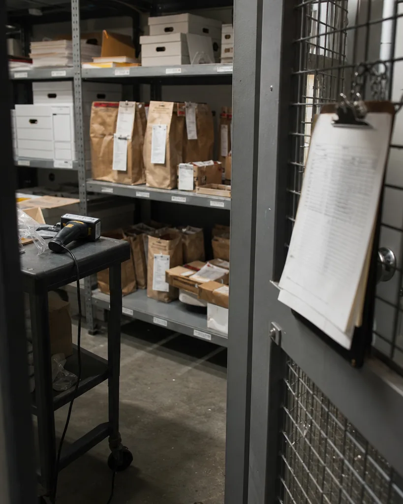 Police evidence and records storage room with labeled boxes, sealed evidence bags with chain of custody tags and a signed log on a clipboard