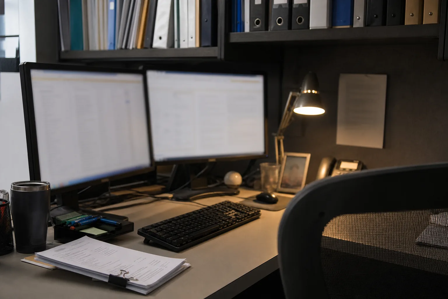 Compliance desk in an agency office with two monitors showing task lists, policy binders on a shelf and a printed agency report beside the keyboard
