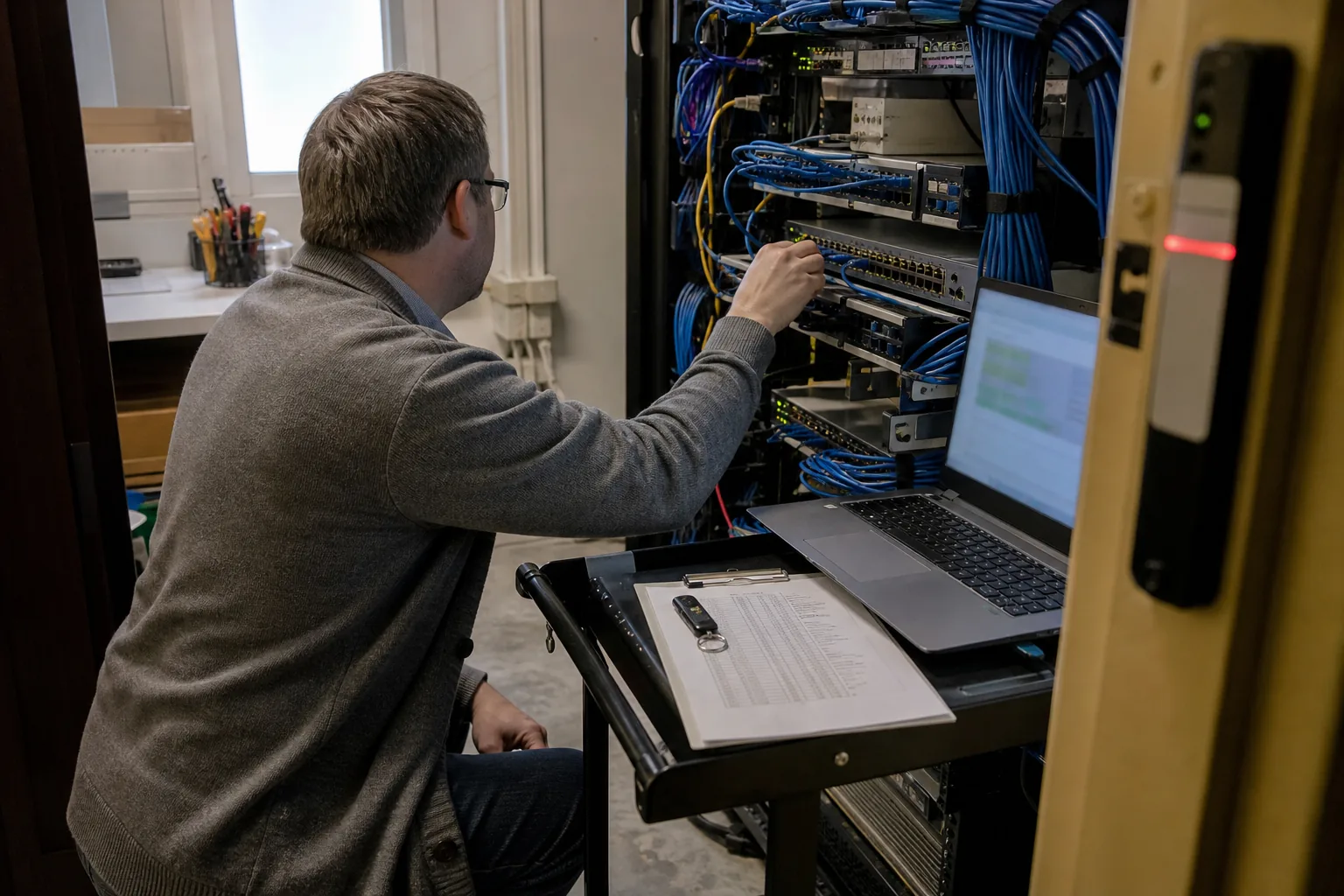 County office IT closet with a network rack, a patch panel, a small rack-mounted server and a laptop on a cart beside an access badge reader