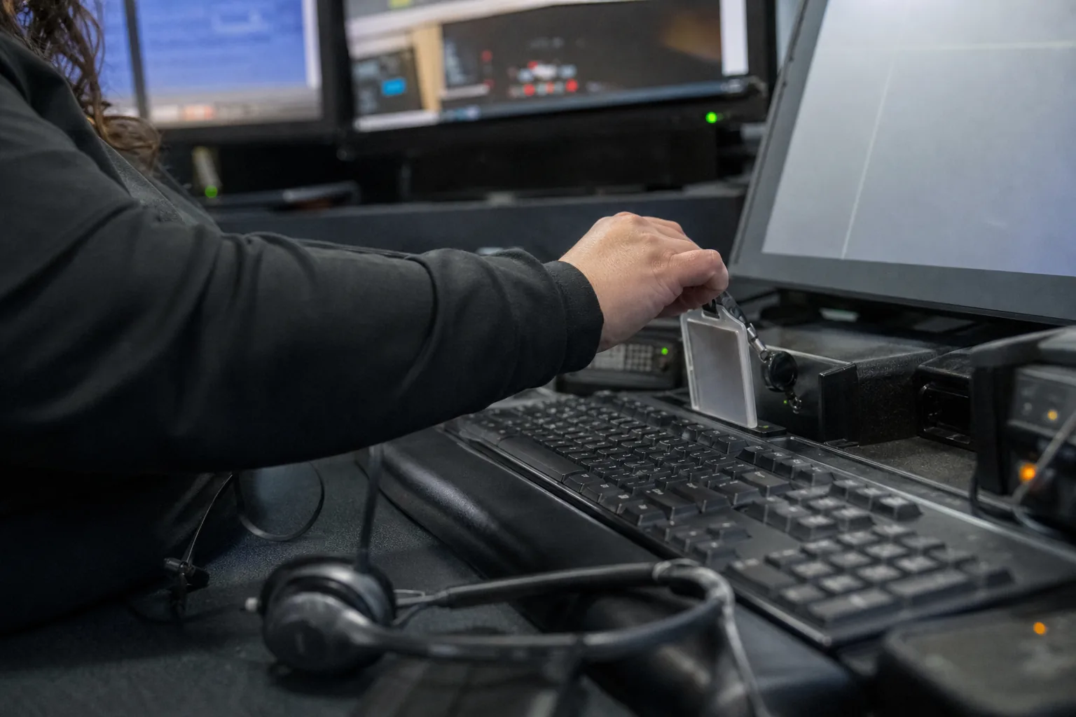 A dispatcher logging in at a dispatch console with a smart card badge inserted in the keyboard reader