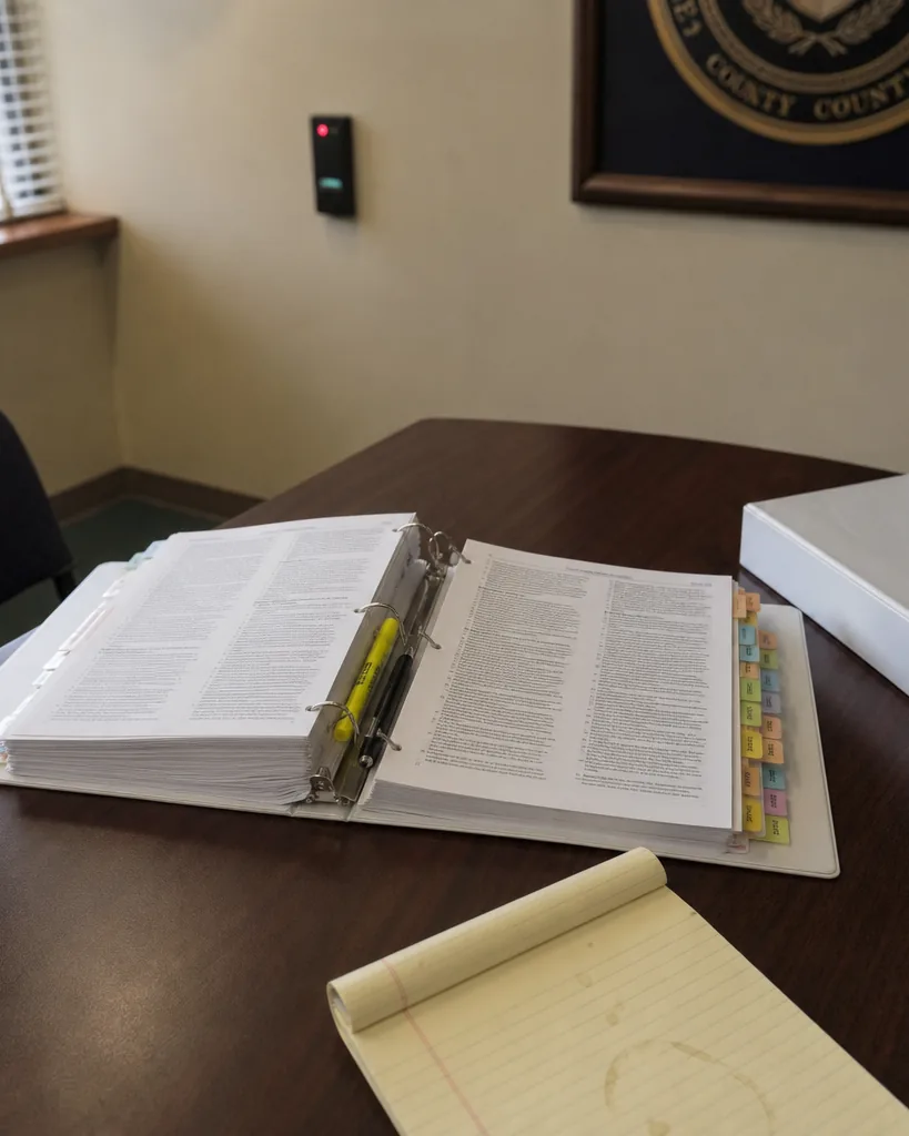 A thick printed security policy binder open on a courthouse IT office table with colored index tabs, highlighter and pen