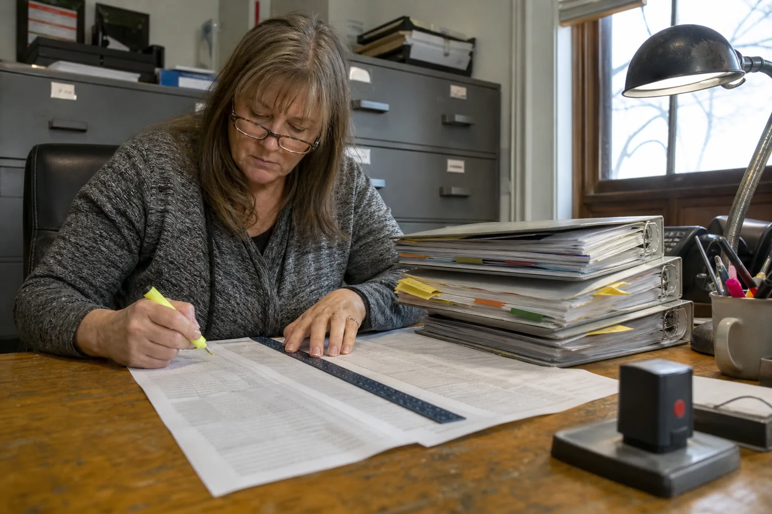 Records clerk at a wooden desk in a police records office comparing a thick spreadsheet printout with ring binders, using a ruler and a highlighter