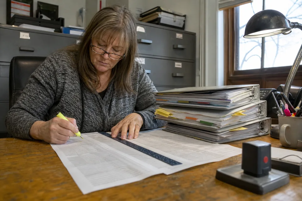 Records clerk at a wooden desk in a police records office comparing a thick spreadsheet printout with ring binders, using a ruler and a highlighter