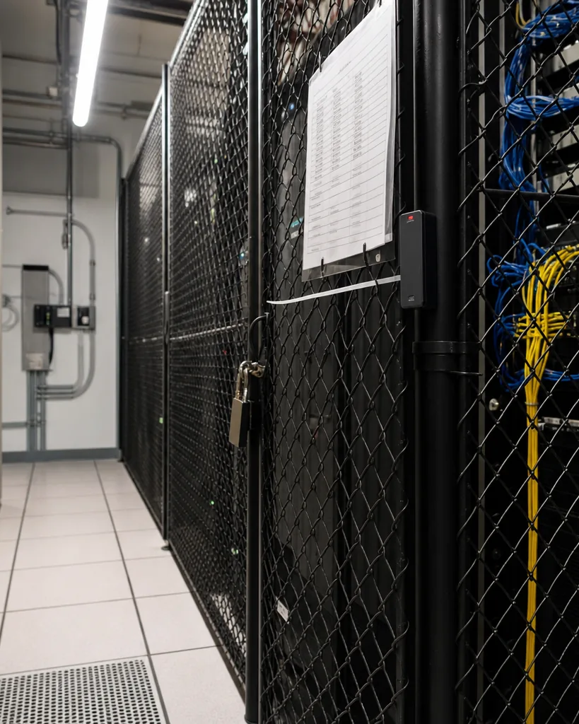 Locked server cage in a county government data room with a card reader and a laminated access roster on the door