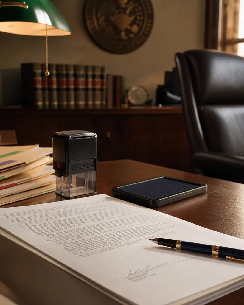 Signed vendor agreement with a blue pen, a signature stamp and ink pad on a prosecutor's office desk with manila case files
