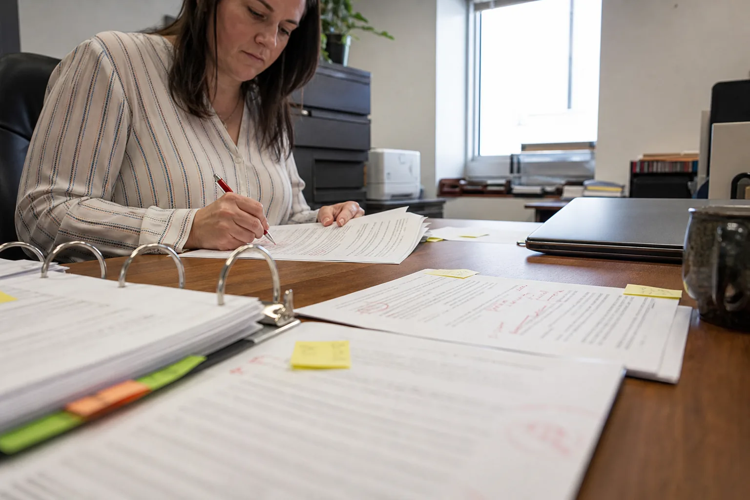 Printed policy drafts with handwritten edits and sticky notes spread on a desk next to a laptop in a county IT office